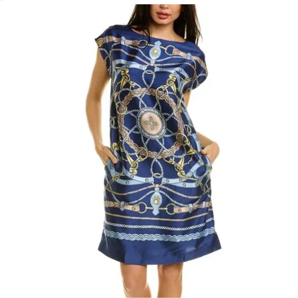J. McLaughlin Navy Blue Chain-Print Shift Dress
